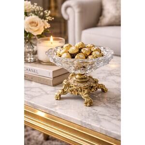 Hollywood Regency Vintage Crystal Pedestal Candy Dish, Brass Compote Bowl